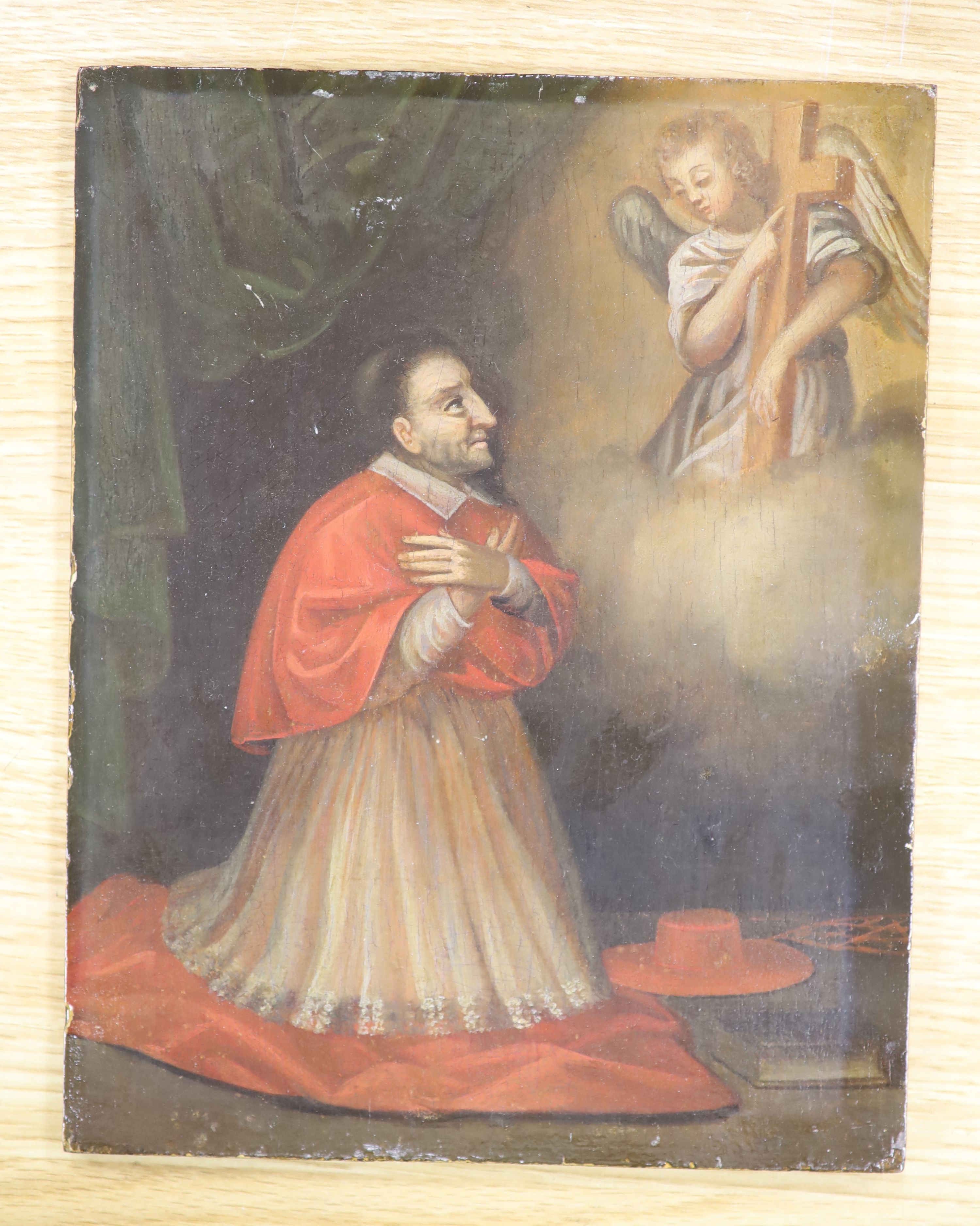 Continental school, study of a kneeling Cardinal, visited by and Angel fairing a crucifix, oil on board, unsigned, 24 x 19 cm